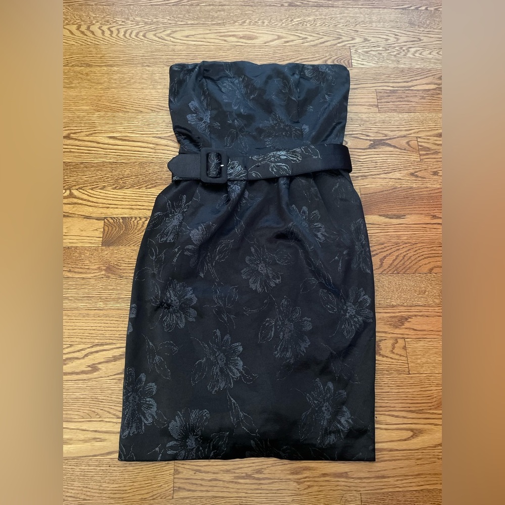 Elegant Black Le Chateau Satin Floral Strapless Dress